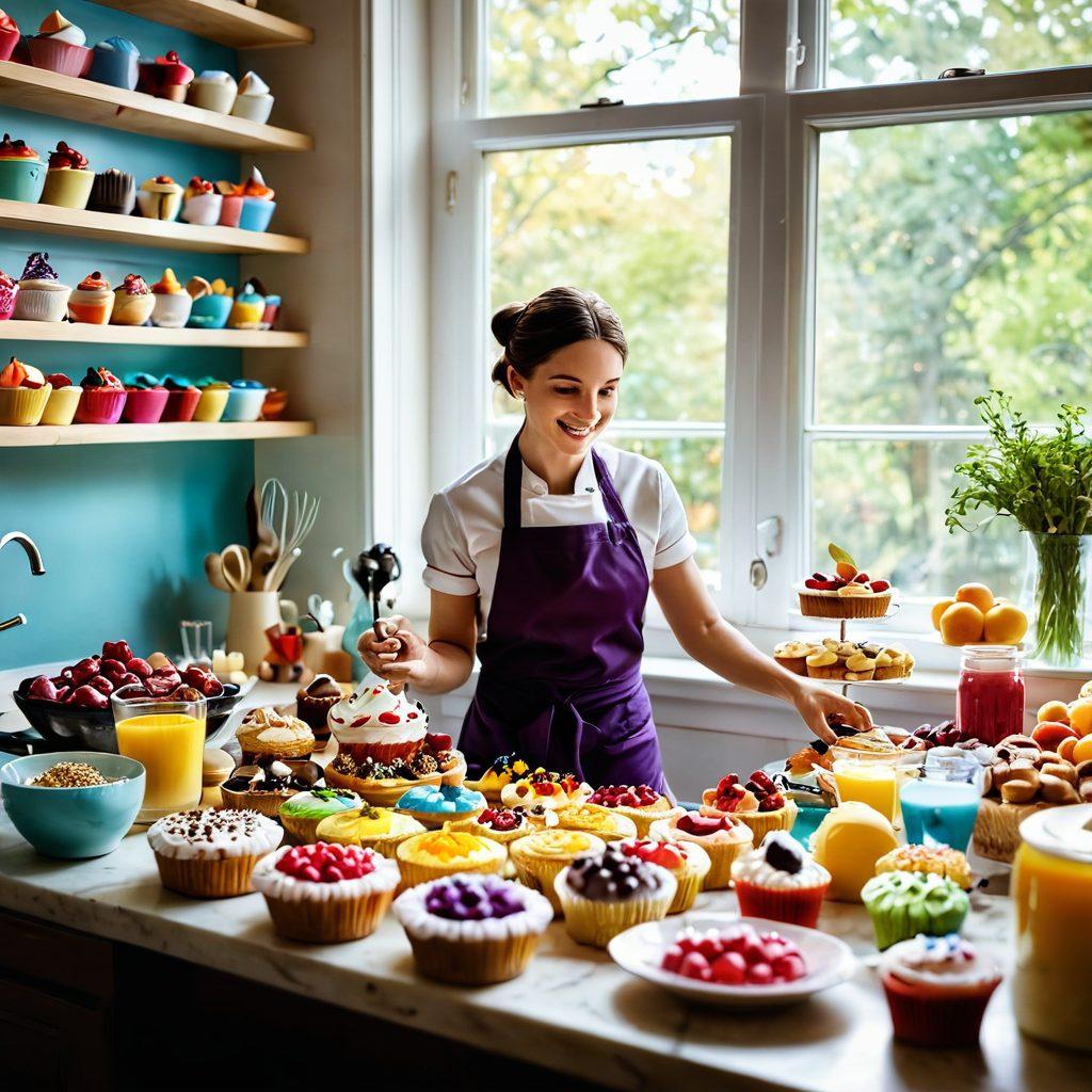 A whimsical kitchen scene filled with colorful ingredients, a variety of decadent desserts like cupcakes and pastries, and a chef passionately experimenting with flavors. Brightly colored tools and utensils scattered around, creating an atmosphere of creativity and joyful chaos. Gentle light streaming in from a window, enhancing the warmth of the scene. super-realistic. vibrant colors. soft focus.