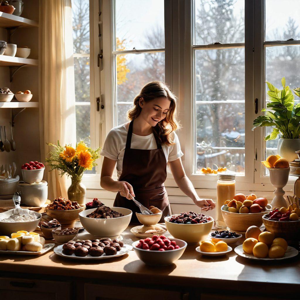 A cozy kitchen scene featuring a person joyfully whisking batter in a bowl, surrounded by gourmet dessert ingredients like chocolate, fruits, and flour. Sunlight streams through a window, illuminating a beautifully arranged dessert table with cakes and pastries. Include whimsical baking tools and a recipe book open nearby, creating an inviting atmosphere for aspiring bakers. warm tones. super-realistic. vibrant colors.
