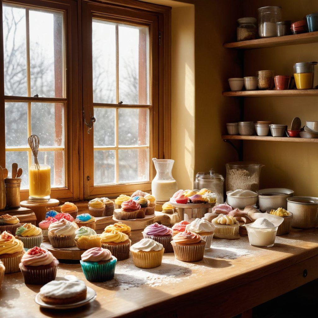 A warm, inviting kitchen scene filled with various baking tools like whisks, measuring cups, and flour bags. A diverse group of aspiring pastry chefs, engaged in crafting colorful pastries and cakes, smiles and shares tips. Flour dust motes glisten in the sunlight streaming through a window, enhancing the cozy vibe. The table is filled with vibrant cupcakes and intricate cake designs displaying creativity and skill. super-realistic. warm colors. soft lighting.